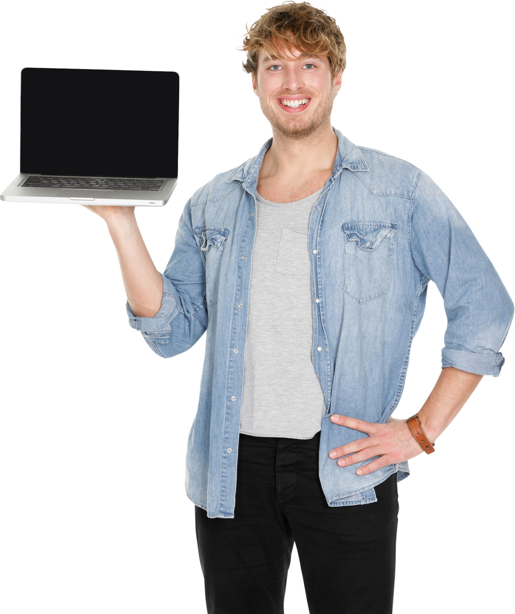 Young Man Student Showing Blank Laptop Screen